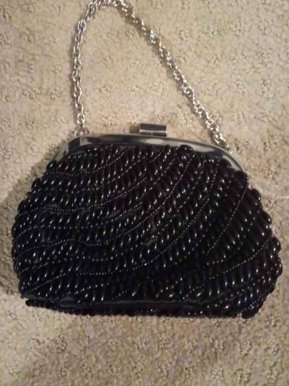 Black Beaded Evening Clutch with Silver Chain